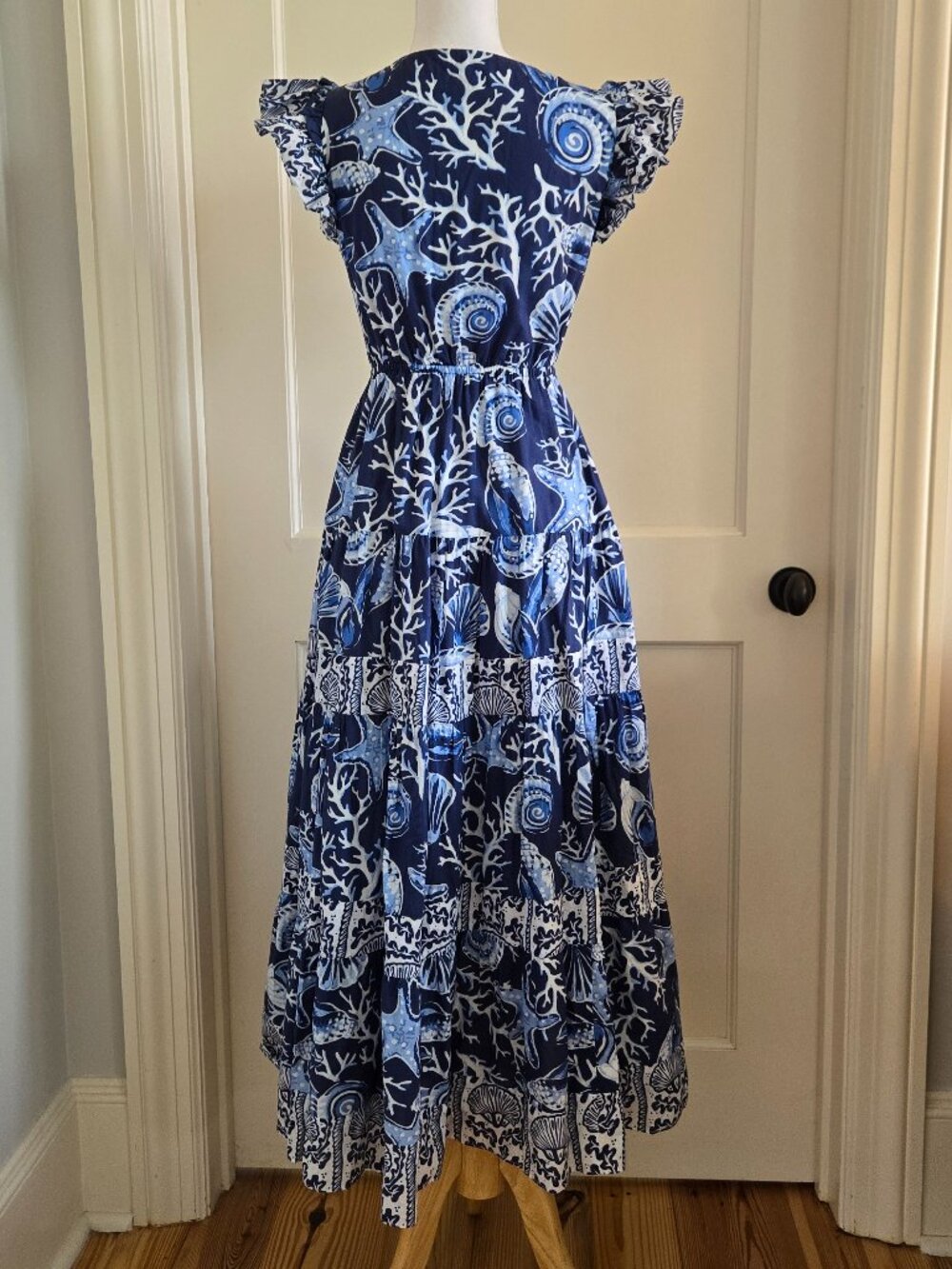 King + Pitt Navy Blue Sea Ocean Theme Ruffle Frill Cap Sleeve Maxi Dress Small - Picture 10 of 16